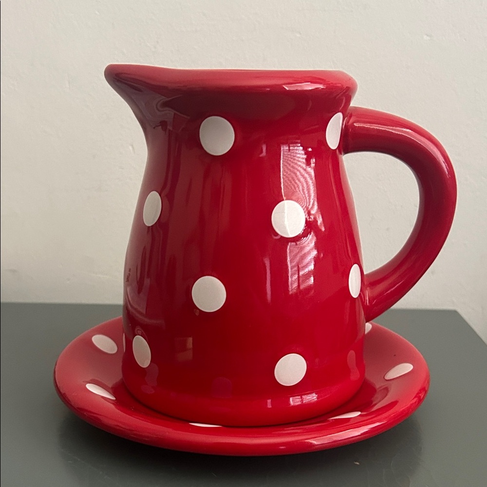 Red Polka Dot Ceramic Pitcher with Matching Saucer